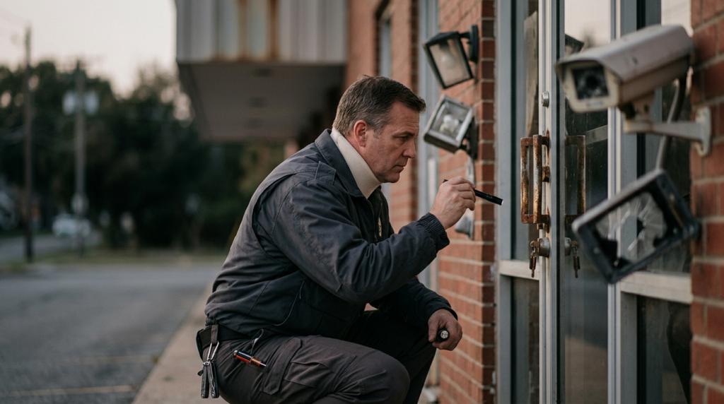 Property security professional inspecting failed locks, lighting, and surveillance cameras during a safety assessment.