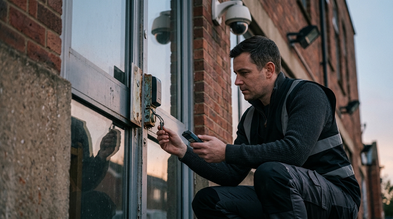 Property security professional inspecting failed locks, lighting, and surveillance cameras.