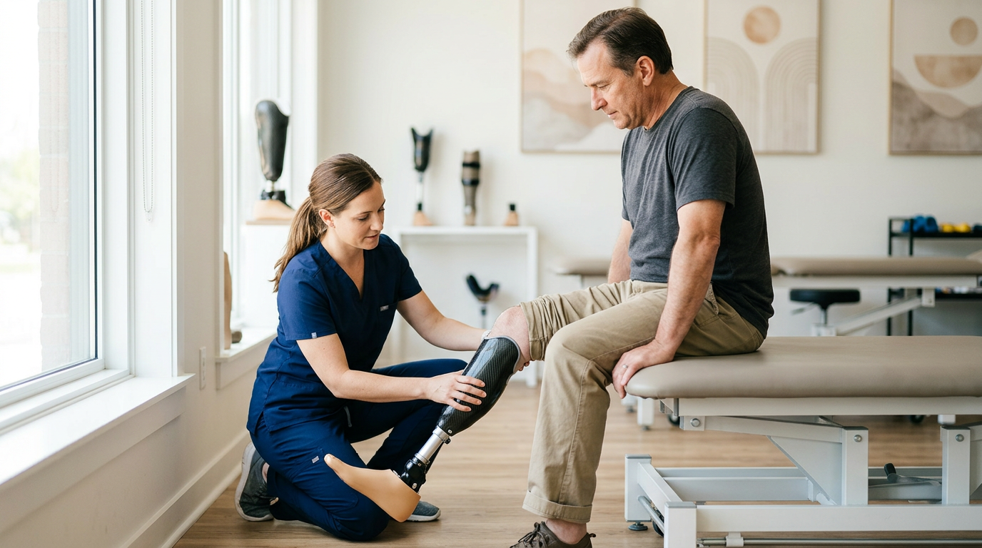 Prosthetic specialist fitting a comfortable artificial limb for a patient in a bright clinic.