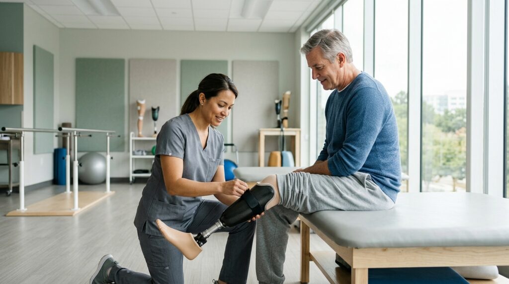 Prosthetic specialist fitting a patient with an artificial limb in a bright clinic.