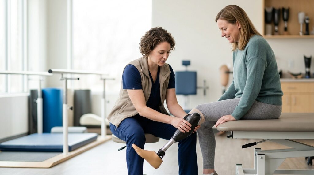 Prosthetics specialist fits a prosthetic limb for a patient in a bright clinic.