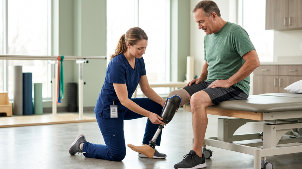 Prosthetics specialist fitting a leg prosthesis on a patient in a bright rehabilitation clinic.