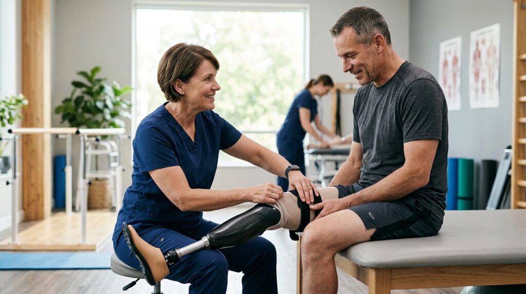 Rehabilitation specialist fits a prosthetic limb for a patient in a bright clinic.