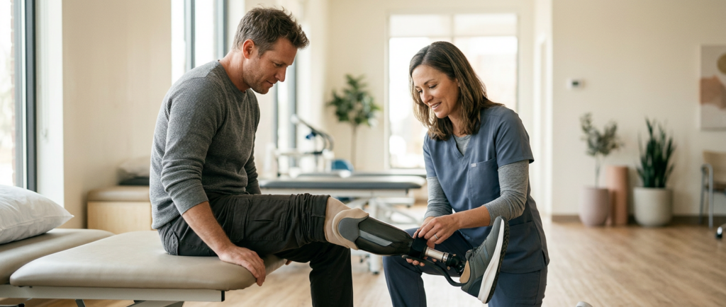 Rehabilitation specialist fitting a prosthetic leg for a patient in a bright clinic.