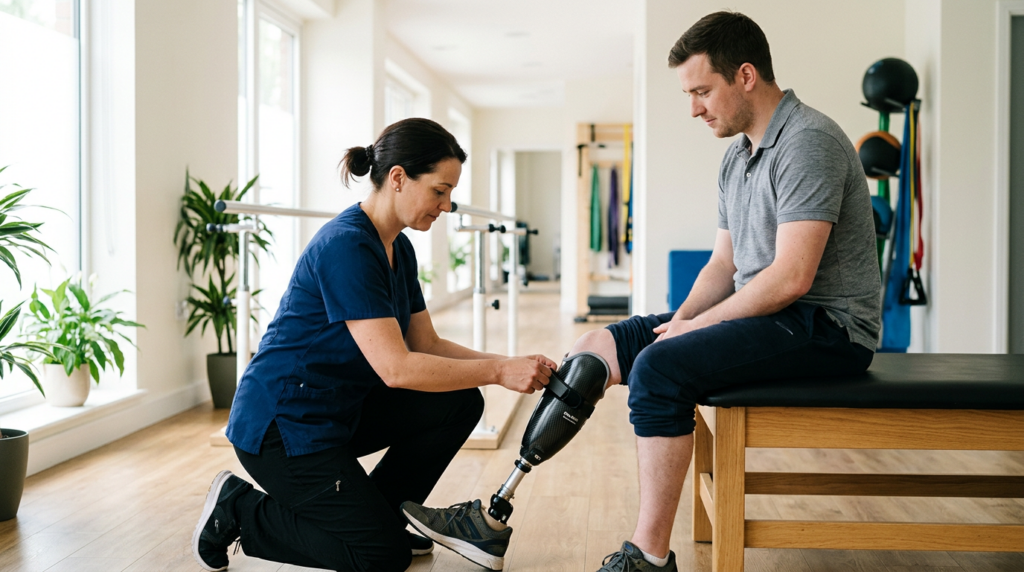Rehabilitation specialist fitting a prosthetic leg for a patient in a bright clinic.