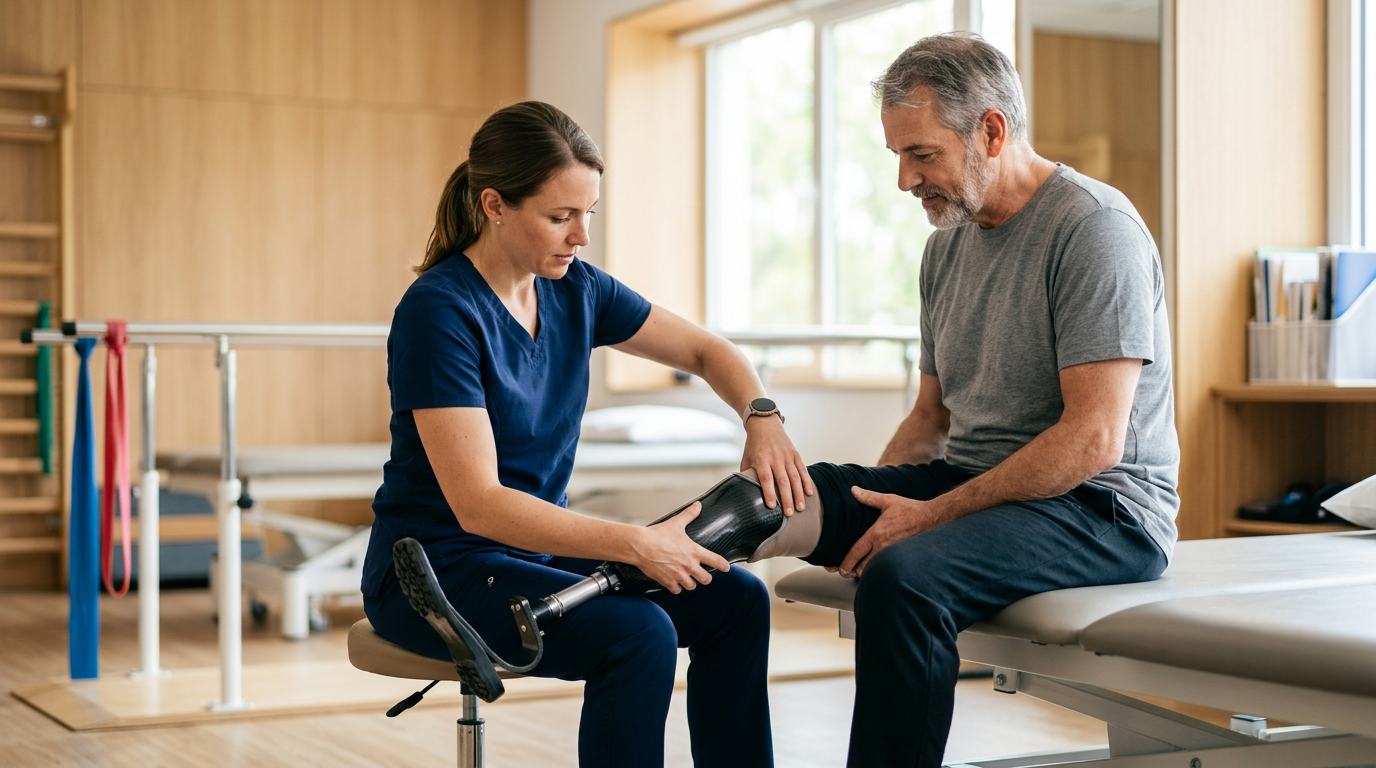 Rehabilitation specialist fitting a prosthetic leg to a patient in a bright clinic.