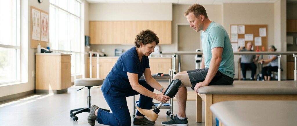 Rehabilitation specialist fitting a prosthetic limb for a patient in a bright clinic.
