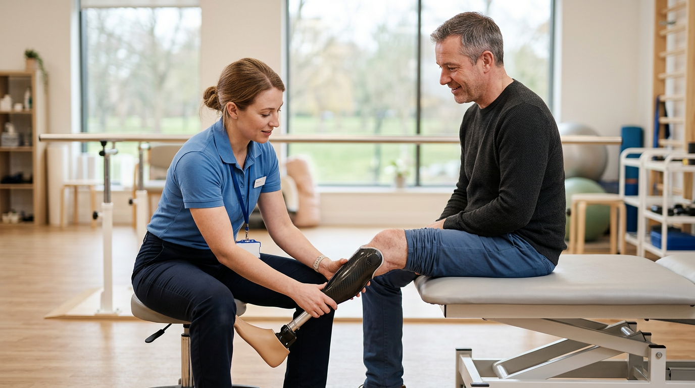 Rehabilitation specialist fitting a prosthetic limb for a patient in a bright clinic.