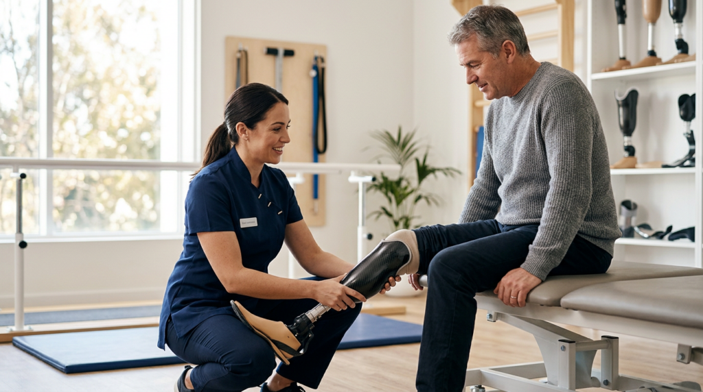 Rehabilitation specialist fitting a prosthetic limb for a patient in a bright clinic.