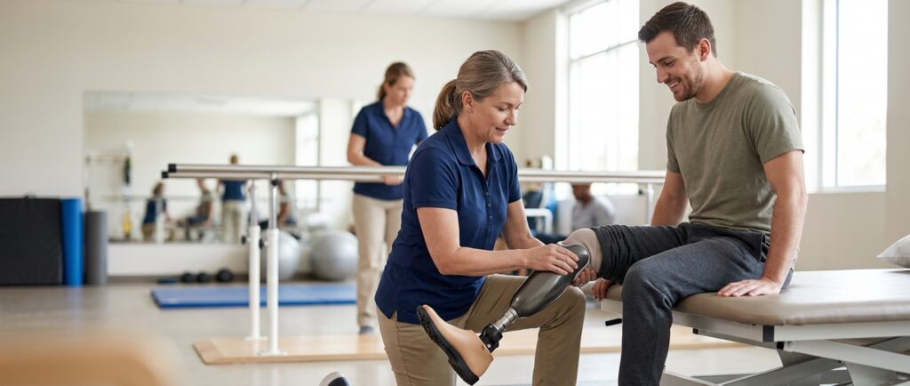 Rehabilitation specialist fitting a prosthetic limb for a patient in a bright clinic.