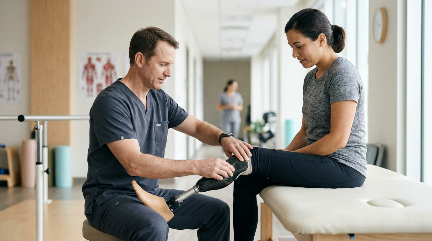 Rehabilitation specialist fitting a prosthetic limb for a patient in a bright clinic.