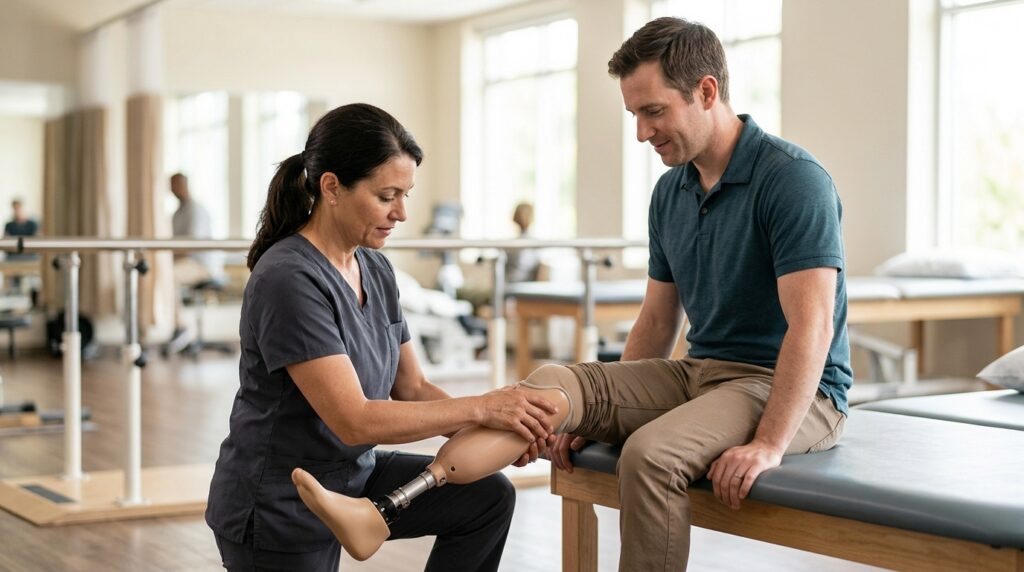 Rehabilitation specialist fitting a prosthetic limb for a patient in a bright clinic.
