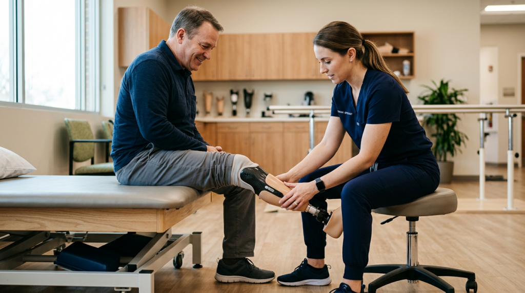 Rehabilitation specialist fitting a prosthetic limb for a patient in a bright clinic.