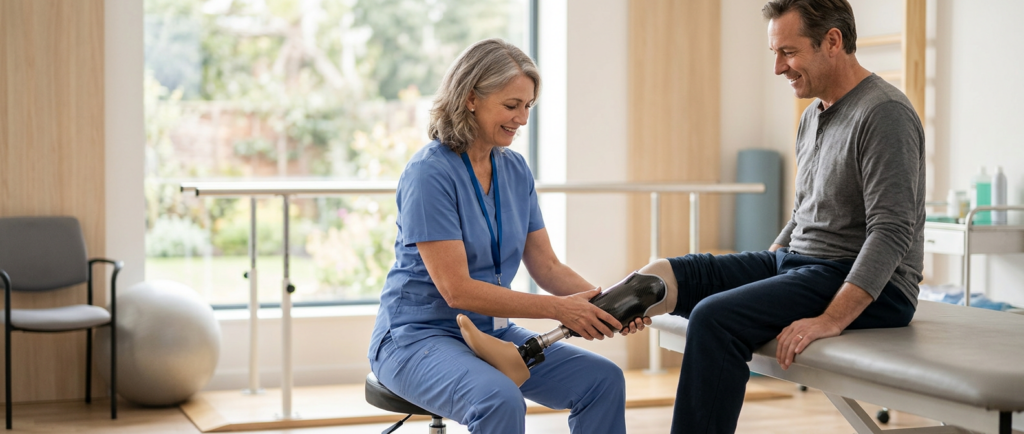 Rehabilitation specialist fitting a prosthetic limb for a patient in a bright clinic.