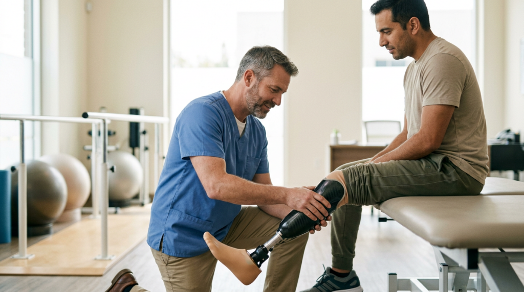 Rehabilitation specialist fitting a prosthetic limb for a patient in a bright clinic.