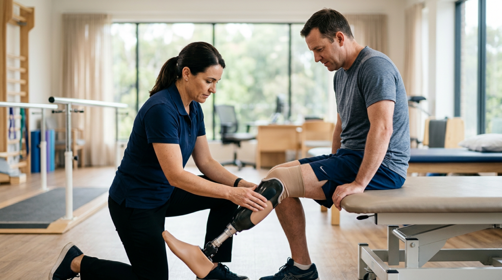 Rehabilitation specialist fitting a prosthetic limb for a patient in a bright clinic.