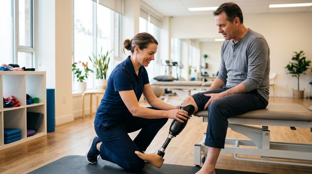 Rehabilitation specialist fitting a prosthetic limb on a patient in a bright clinic.