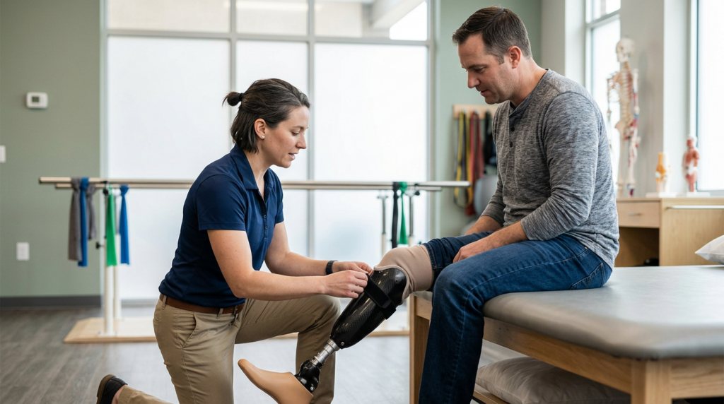 Rehabilitation specialist fitting a prosthetic limb on a patient in a bright clinic.