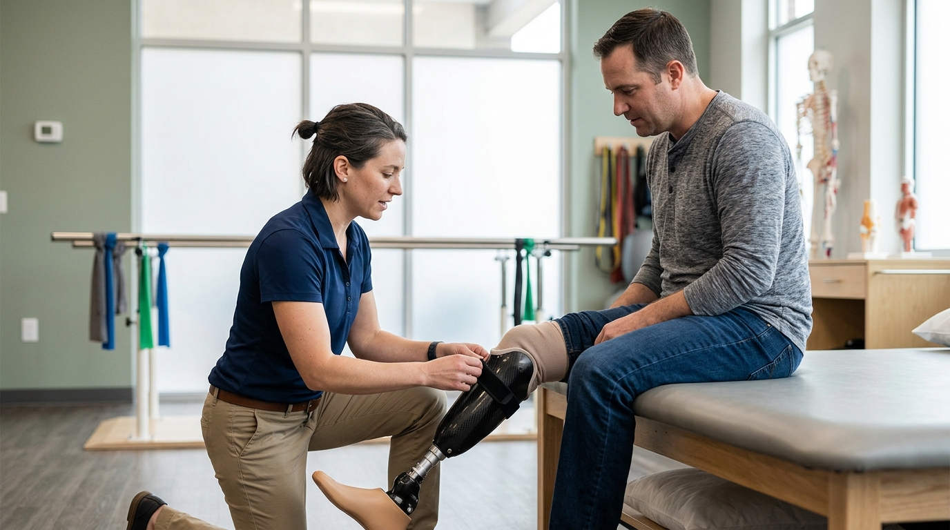 Rehabilitation specialist fitting a prosthetic limb on a patient in a bright clinic.