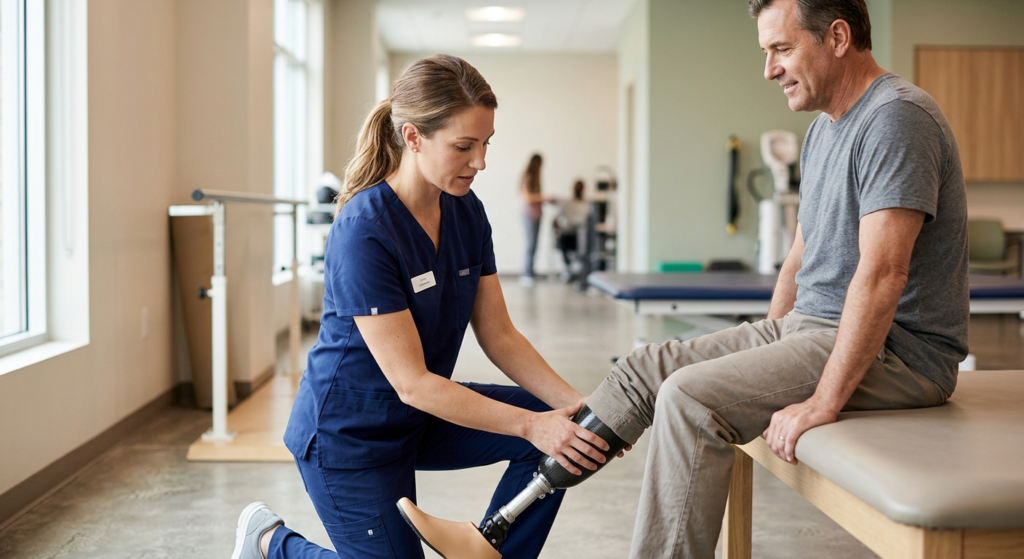 Rehabilitation specialist fitting a prosthetic limb on a patient in a bright clinic.