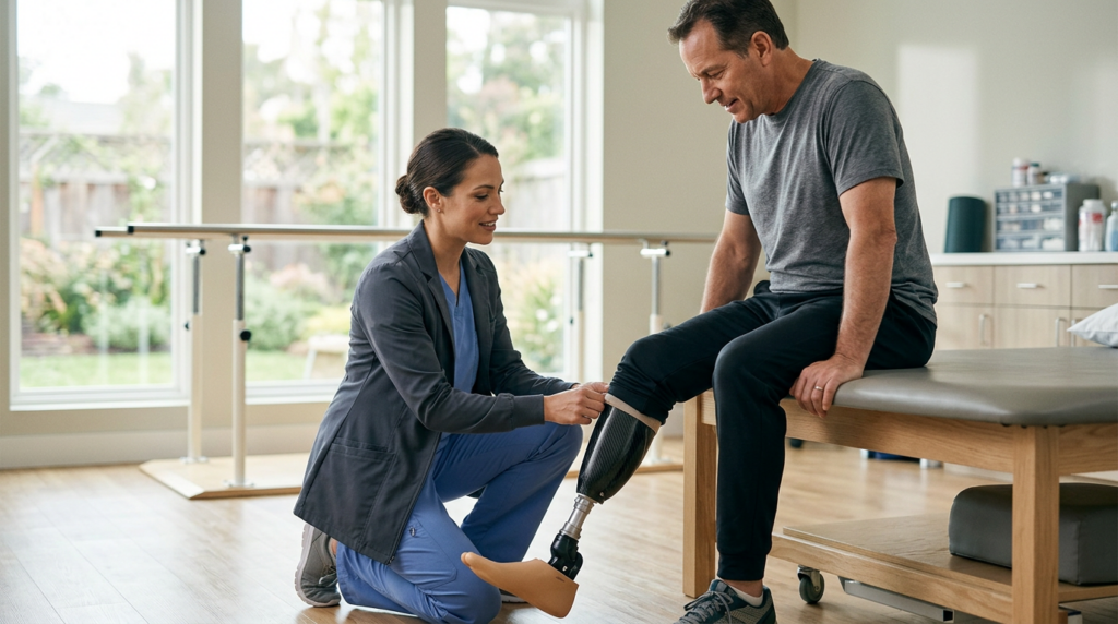 Rehabilitation specialist fitting a prosthetic limb on a patient in a bright clinic.