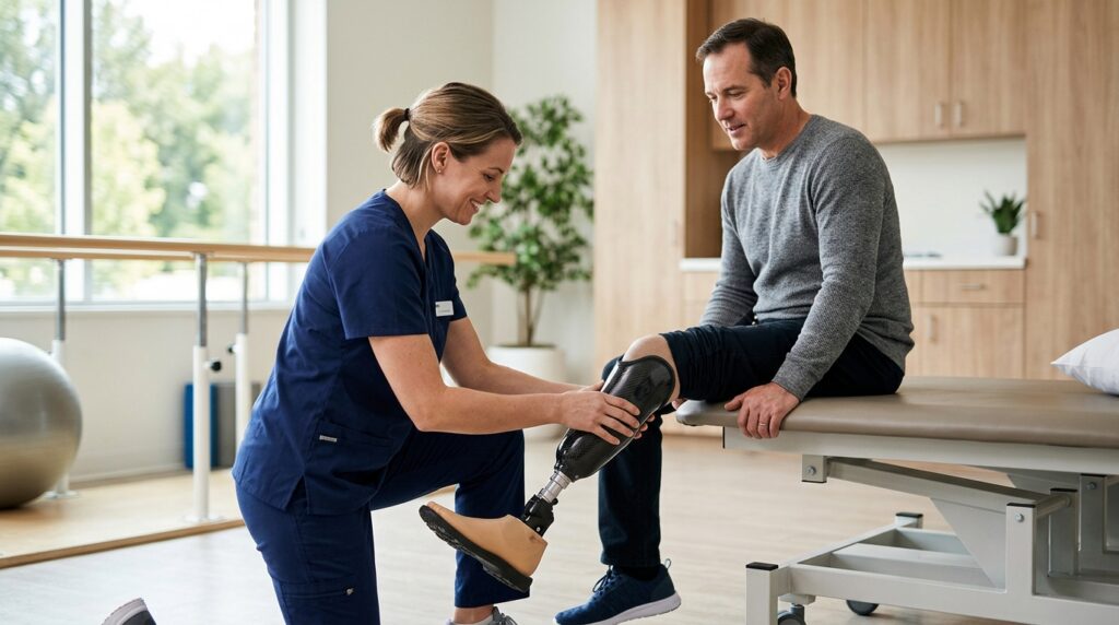 Rehabilitation specialist fitting a prosthetic limb on a patient in a bright clinic.