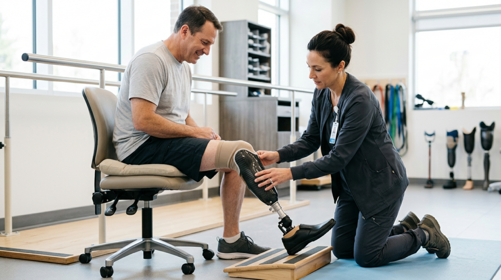 Rehabilitation specialist fitting a prosthetic limb on a patient in a bright clinic.