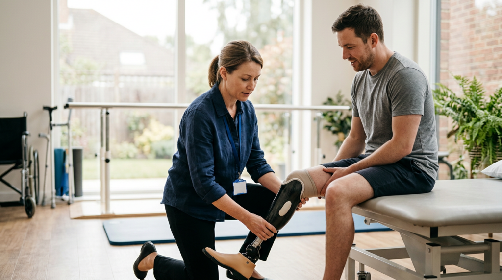 Rehabilitation specialist fitting a prosthetic limb on a patient in a bright clinic.