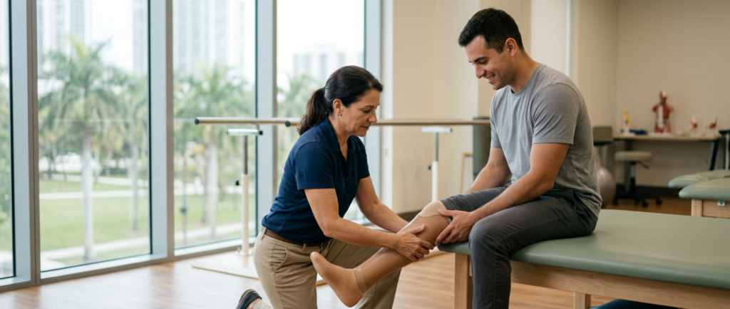 Rehabilitation specialist fitting a prosthetic limb on a patient in a bright clinic.