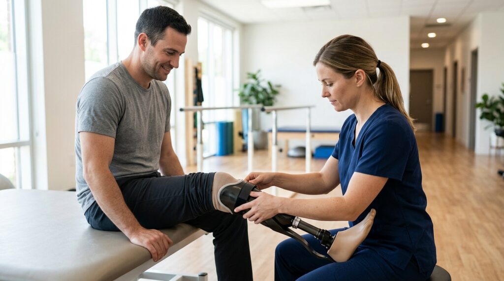 Rehabilitation specialist fitting a prosthetic limb on a patient in a bright clinic.