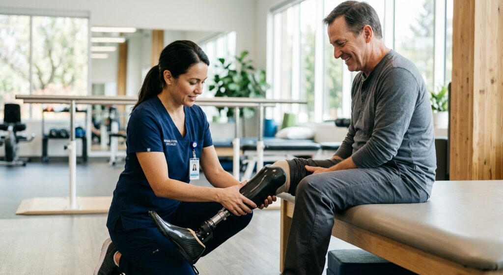 Rehabilitation specialist fitting a prosthetic limb on a patient in a bright clinic.