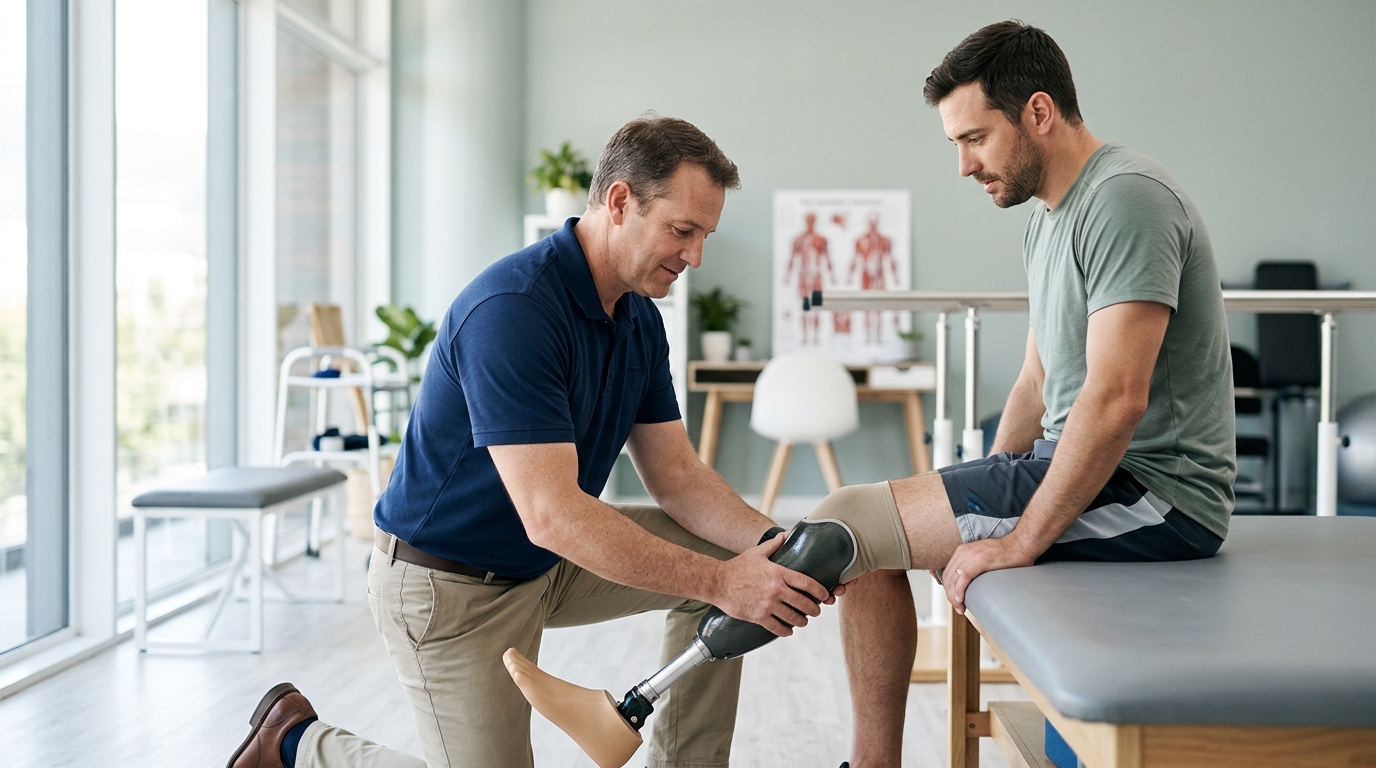 Rehabilitation specialist fitting a prosthetic limb on a patient in a bright clinic.