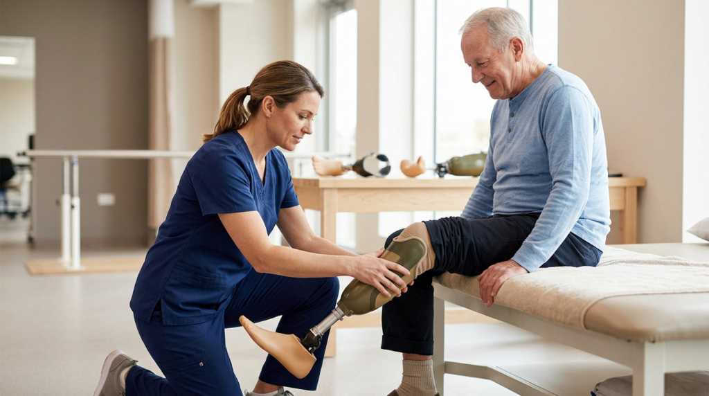 Rehabilitation specialist fitting a prosthetic limb on a patient in a bright clinic.