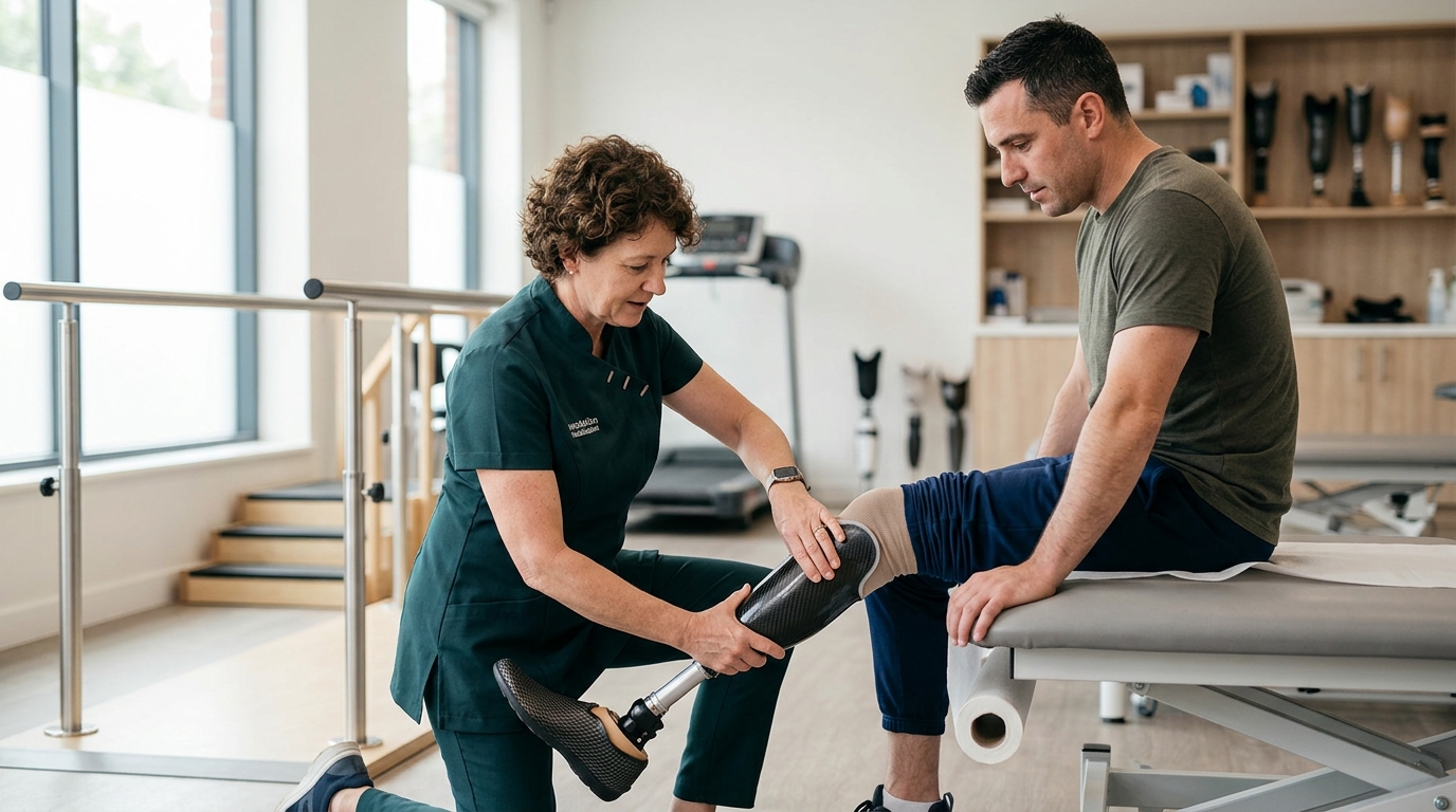 Rehabilitation specialist fitting a prosthetic limb on a patient in a bright clinic.