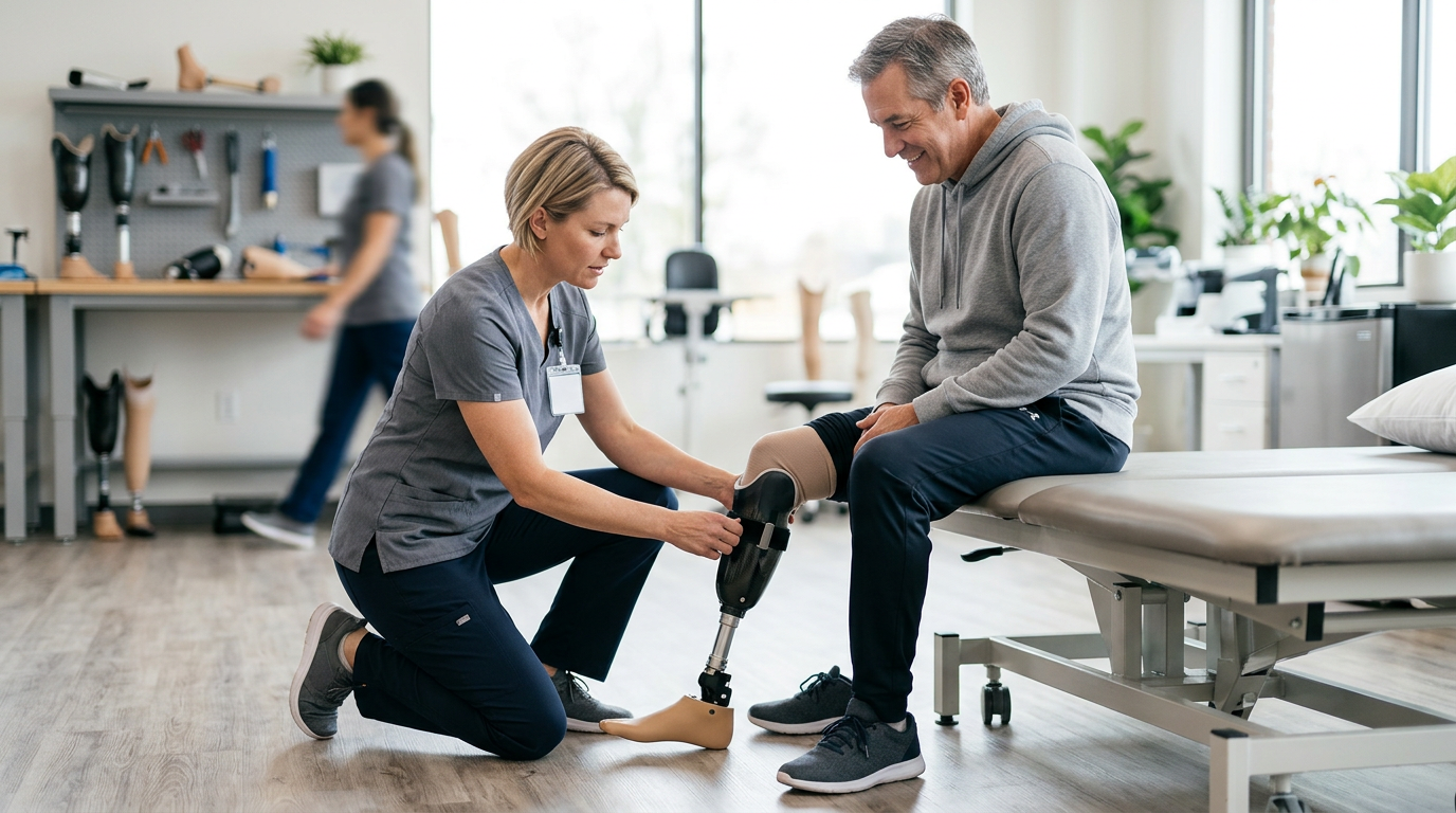 Rehabilitation specialist fitting a prosthetic limb on a patient in a bright clinic.
