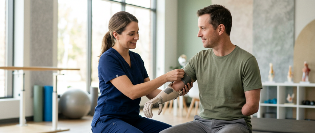 Rehabilitation specialist fitting a prosthetic limb to a patient in a bright clinic.