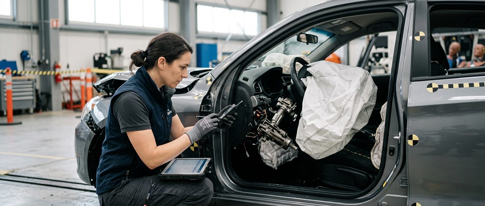 Safety engineer inspecting deployed airbag and collapsed steering column in crash-tested vehicle.
