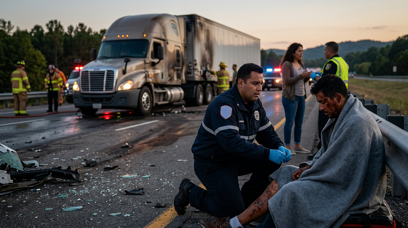 Secuelas de un grave accidente de camión comercial en una autopista al anochecer.