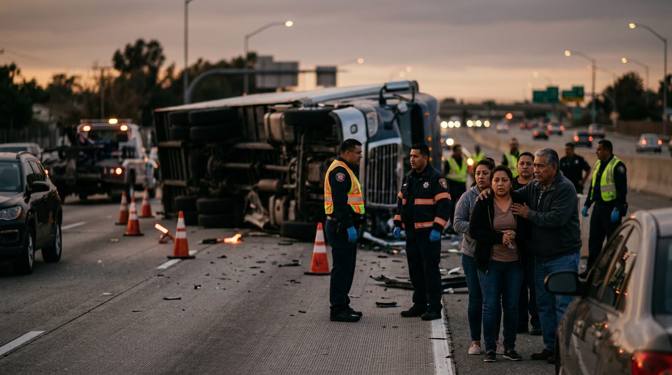 Secuelas de una colisión grave de camión comercial en una autopista al atardecer.