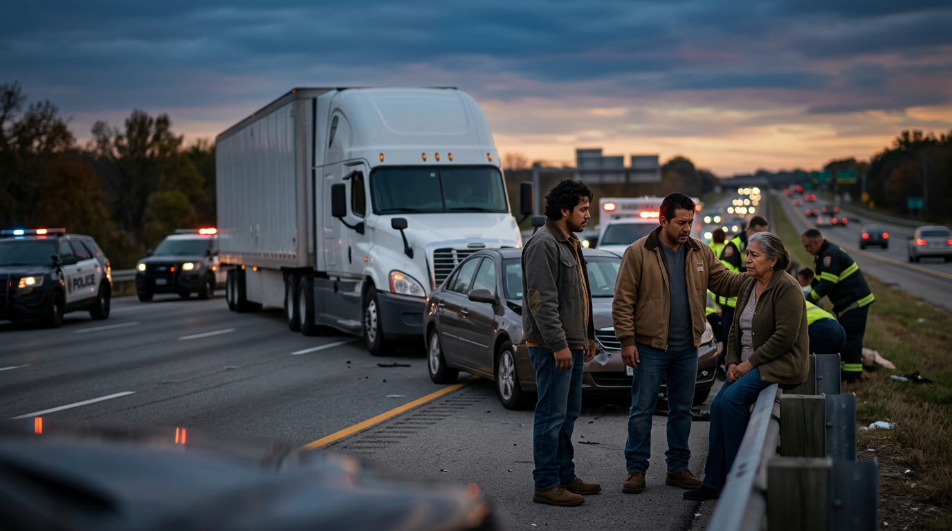 Secuelas de una colisión grave de camión comercial en una autopista al atardecer, con personas hispanas y latinas.