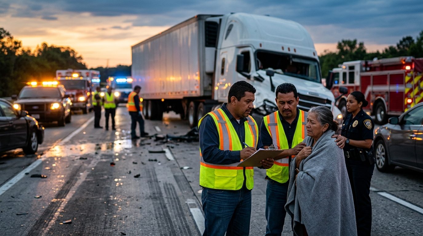 the aftermath of a serious commercial truck collision on a highway at dusk, featuring Hispanic and Latino people