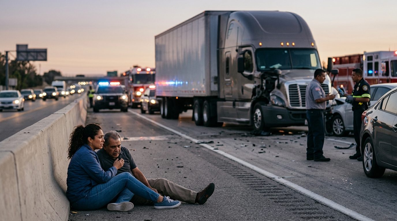 the aftermath of a serious commercial truck collision on a highway at dusk, featuring Hispanic and Latino people