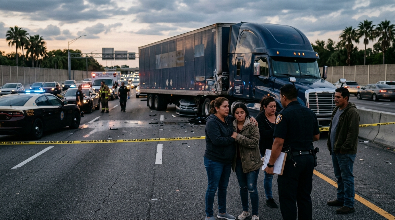Secuelas de una grave colisión de camión comercial en una autopista al atardecer.