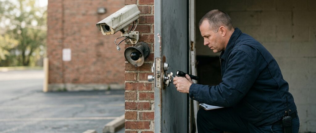 Security professional inspecting a broken door lock, dim lighting, and surveillance camera at a property.
