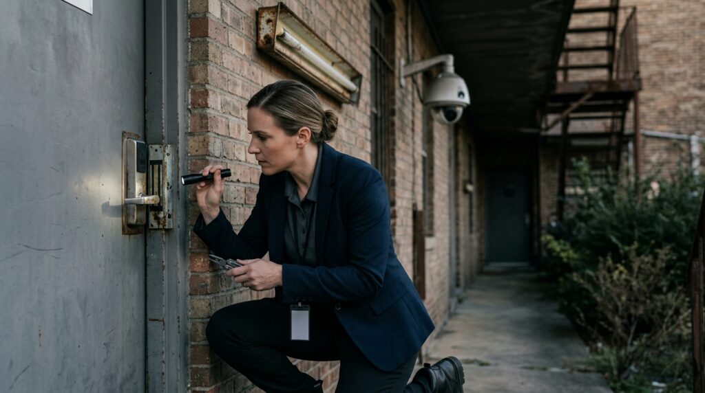 Security professional inspecting a broken lock, dim lighting, and surveillance cameras on a property.