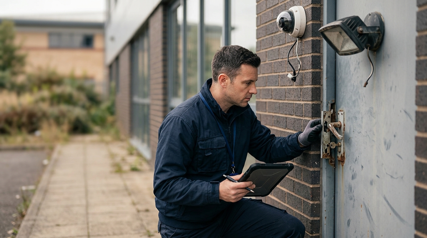 Security professional inspecting a broken lock, dim lighting, and surveillance camera on a property.