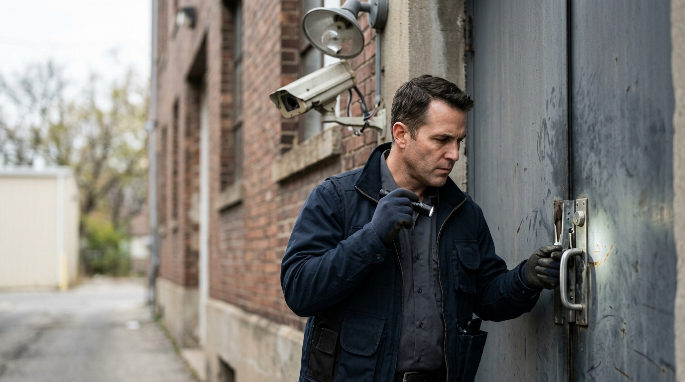 Security professional inspecting a broken lock, dim lighting, and surveillance cameras at a property.