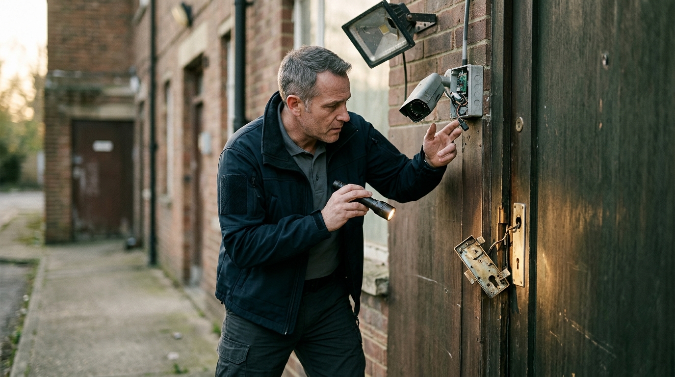 Security professional inspecting a broken lock, dim lighting, and surveillance cameras on a property.