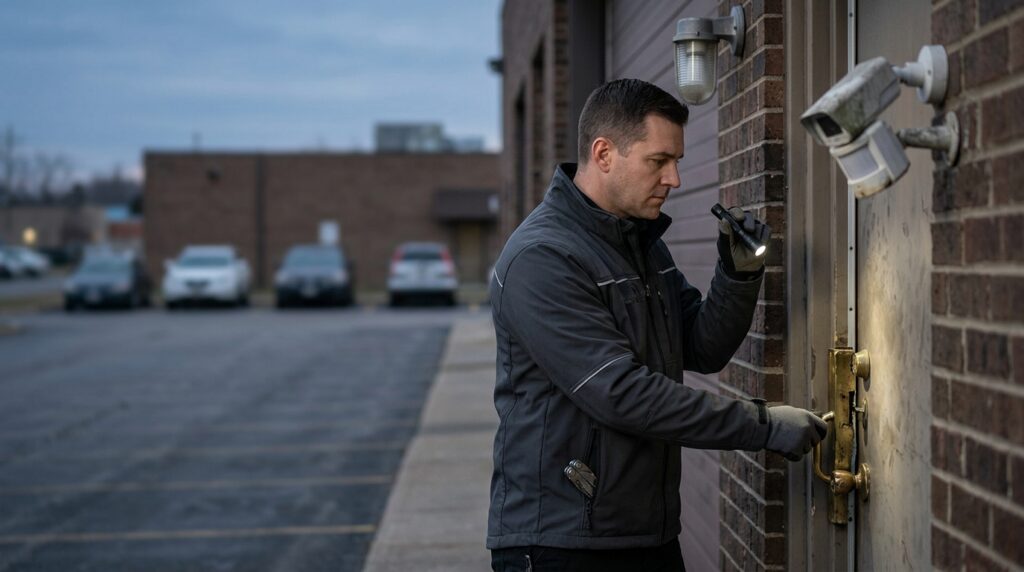 Security professional inspecting a broken lock, lighting, and surveillance camera on a property.