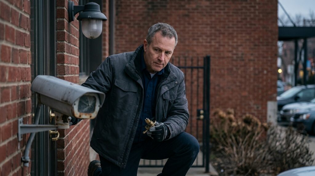 Security professional inspecting a broken lock, lighting, and surveillance camera at a property.